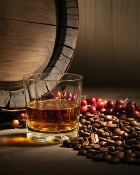 Vaso de whisky &aacute;mbar con granos de caf&eacute; tostado y una barrica de madera en un bodeg&oacute;n r&uacute;stico