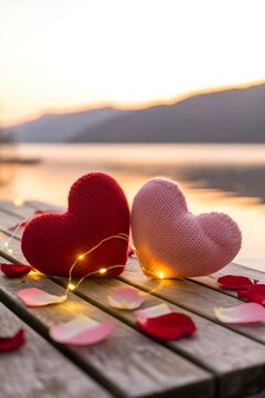 Dos cojines en forma de coraz&oacute;n con luces de hadas y p&eacute;talos de rosa sobre una mesa de madera frente a un lago al atardecer