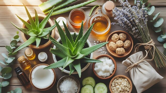 Ingredientes naturales para cosm&eacute;tica org&aacute;nica y bienestar con aloe vera, aceites esenciales, lavanda y coco sobre fondo de madera