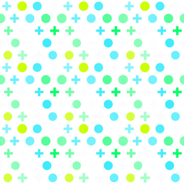 Abstract geometric seamless pattern with blue and green circles and plus signs on a white background