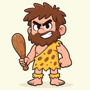 Angry Cartoon Caveman Holding Wooden Club Vector Illustration