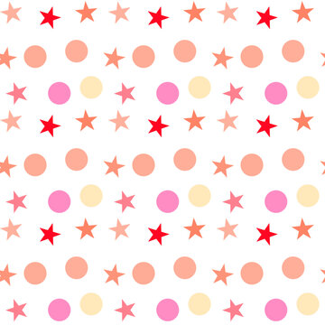 Seamless pattern with colorful stars and polka dots in pastel pink and vibrant red on white background
