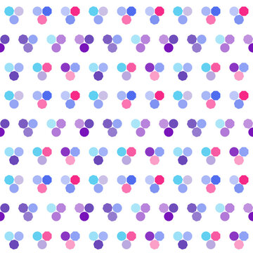 Seamless pattern featuring repeating clusters of small colorful circles in vibrant blue purple and pink hues