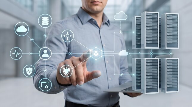 Cloud server infrastructure deployment interface showing IT administrator managing data center network connections
