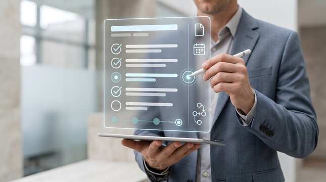 Electronic signature approval process showing businessman using digital pen to sign smart contract on virtual interface