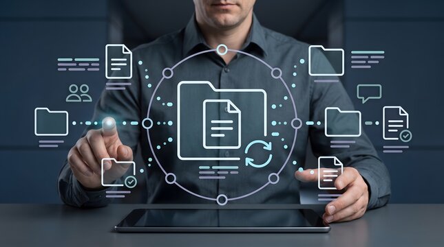 Document management system workflow showing businessman organizing digital files and synchronizing enterprise cloud storage data