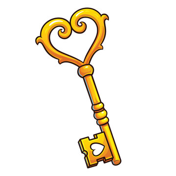 Golden Heart Shaped Vintage Key Cartoon Vector Illustration