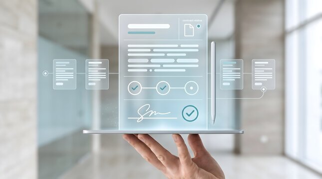 Electronic signature smart contract concept featuring digital tablet displaying secure legal document approval workflow