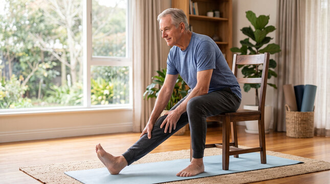 Senior Man Stretching Leg on Yoga Mat at Home.