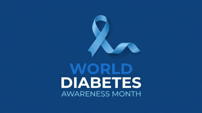 World diabetes awareness month text with blue ribbon symbol on a dark blue background.