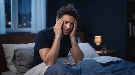 Obraz premium Stressed man suffering from insomnia in bed. Mature male with headache and sleep disorder. Tired person feeling pain at night.