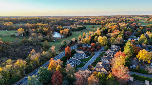 Aerial View of an Autumn Residential Neighborhood Near a Golf Course in Greenville, Delaware