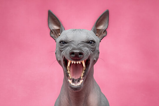 Mexican Hairless Dog. Extreme closeup hairless dog snarling, pink backdrop, taut skin and exposed teeth, stark lighting creates raw, uncanny mood for edgy editorial or concept art