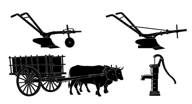 Vintage farm equipment with black silhouettes antique farming tools oxen drawn cart against white background agriculture tractor animals plough