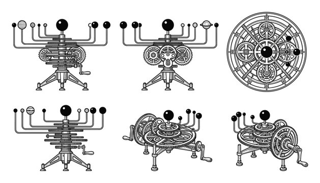 Steampunk mechanism set, black white clockwork, industrial science, vector illustration