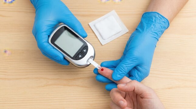 Medical professional wearing blue gloves performs finger prick blood test with portable glucose monitor tool.