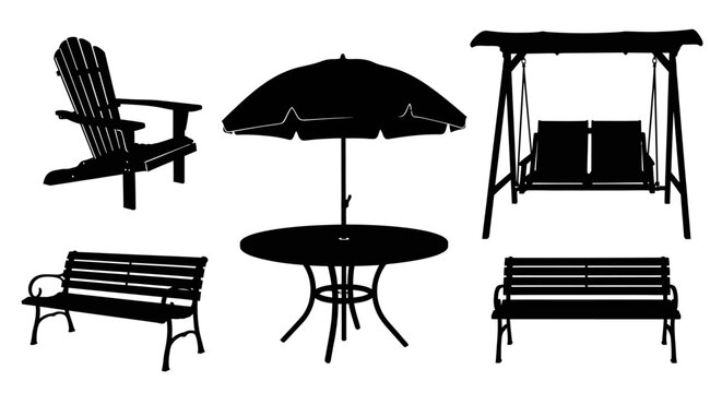 Black silhouettes of outdoor furniture on white background with including patio set chairs chairs benches umbrella garden furniture outdoor decor