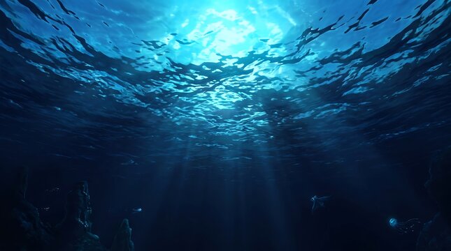 Sunlight rays penetrating through underwater deep sea surface with underwater sunlight reflection tranquil environment