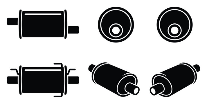 Car exhaust muffler set, black white auto part, engine repair, vector illustration