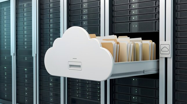 Enterprise cloud storage data center migration showing physical file folders inside virtual cloud database drawer