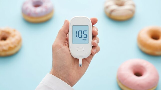 Medical professional holding digital glucose monitor displaying test result against blue background with donuts.