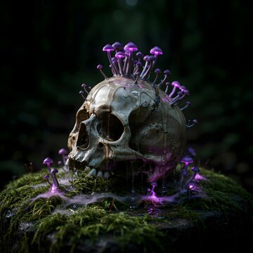 Cr&aacute;neo humano cubierto de musgo y peque&ntilde;os hongos bioluminiscentes de color p&uacute;rpura en un bosque oscuro