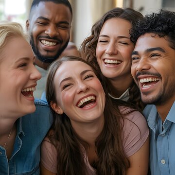 Grupo alegre y diverso de amigos j&oacute;venes riendo juntos con energ&iacute;a positiva y felicidad