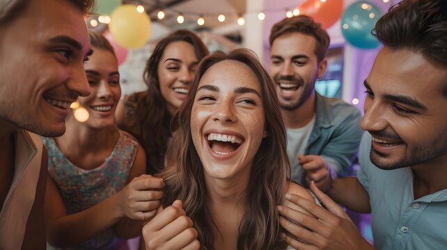 Grupo de amigos felices riendo y celebrando juntos en una fiesta con globos y luces