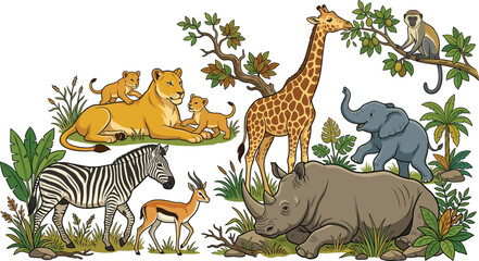 Naklejka premium African Safari Animals Vector Illustration Collection with Lioness Cubs Giraffe Elephant Zebra Rhinoceros Gazelle and Monkey in Savanna Nature Background