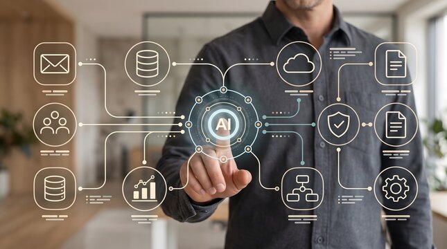 Artificial intelligence workflow integration interface showing digital automation cloud computing and secure data management network