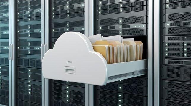 Hybrid cloud backup architecture featuring secure digital archiving concept with file folders in server room rack