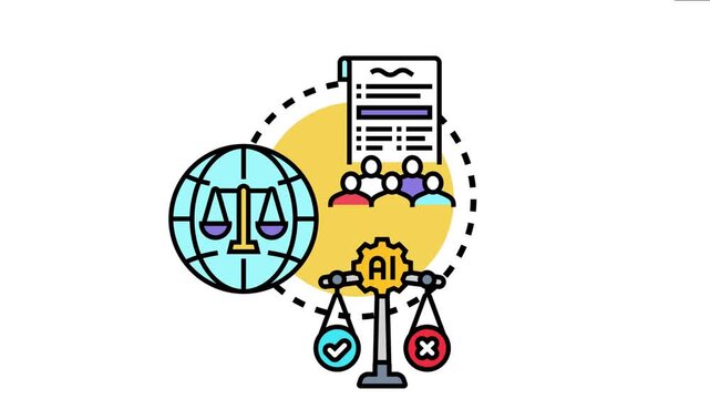 Global justice and rule of law depicted with balanced scales incorporating artificial intelligence, human interaction, and legal documents for compliance and decision making