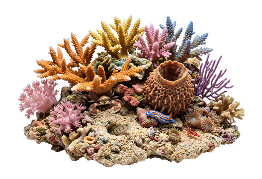 Miniature reef community presented as a single isolated ecosystem specimen, irregular sandy substrate supporting colorful branching coral