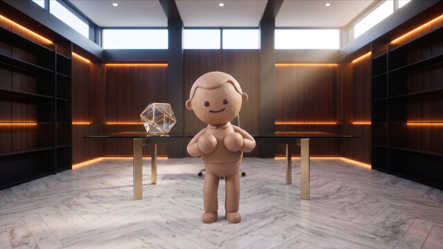 資産運用役員室で前傾姿勢をとるクレイ製マスコットとオブジェの3D画像