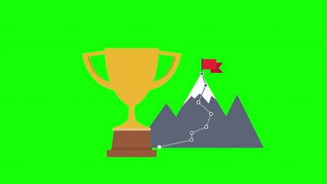 Achievement Trophy and Mountain Climb with Rising Path and Flag Representing Success, Goals and Progress