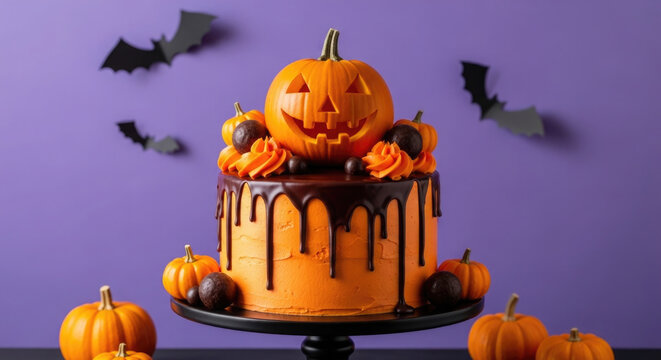 Halloween pumpkin spice cake with dripping chocolate and bats on a purple background