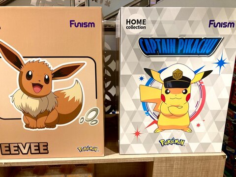 pokemon merchandise boxes featuring eevee and captain pikachu character designs