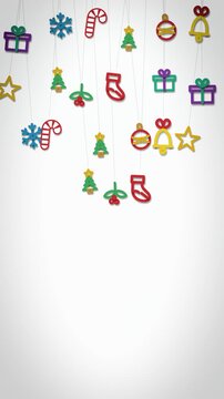 Colorful Christmas ornaments sway on thin strings over a bright white background, creating a playful stylized 3D animation for seasonal advertising and social media.
