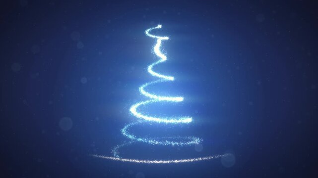 Blue-white particles swirl into a glowing Christmas tree on a deep blue background, delivering a magical cinematic animation for seasonal promotions and digital advertising.