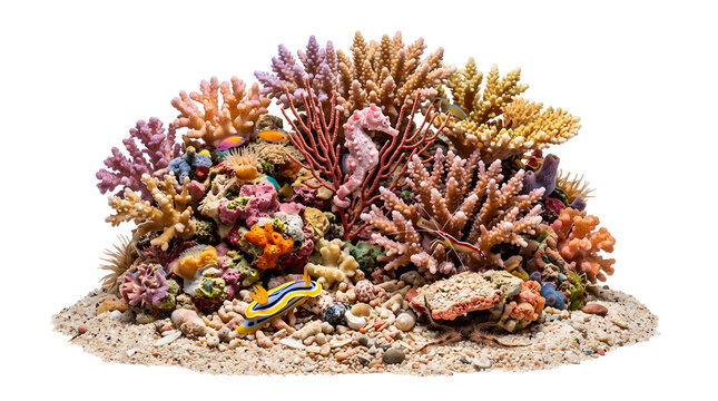 Photorealistic complete miniature coral reef ecosystem isolated as one cohesive natural habitat, sandy seafloor base with branching corals