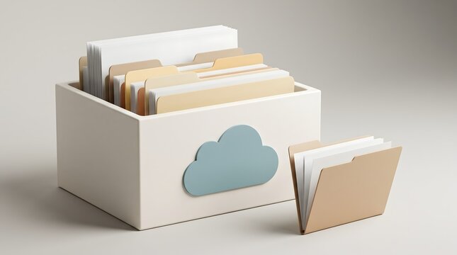 Cloud computing data storage concept featuring minimalist filing box with folders representing digital document organization