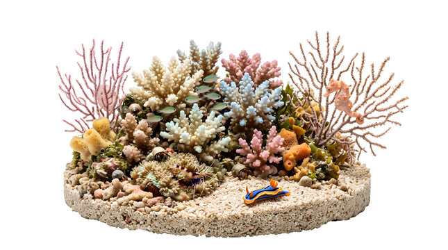Photorealistic isolated miniature reef nursery ecosystem, compact sandy habitat surrounded by young branching corals and sponge colonies