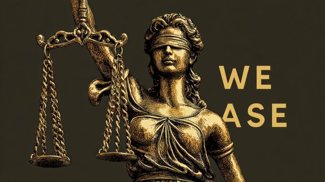 Justice Statue with Scales and "WE ASE" Text, Gold Engraving Style, Dark Background.
