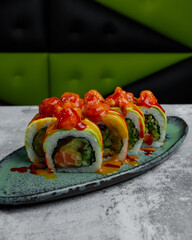 Close up of gourmet avocado maki sushi rolls © Cavan