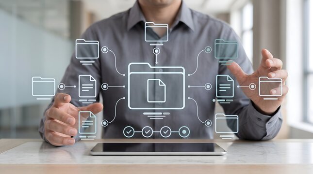 Document management system interface showing digital folder organization for paperless office workflow automation