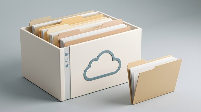 Digital archiving document management system showing cloud storage box and user interface icons for corporate file backup