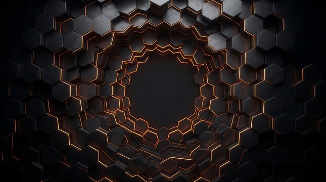 Abstract 3D background with dark hexagonal tiles and glowing orange light edges