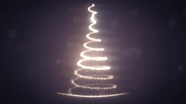 Warm golden particles trace a sparkling Christmas tree against a dark cinematic backdrop, creating an elegant particle animation for advertising, greetings, and campaigns.