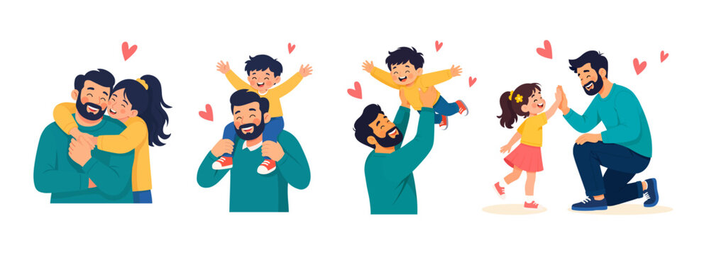 Father and Daughter Sharing Love and Family Bonding for Fathers Day Celebration Parenting Lifestyle Set Flat Vector Illustration