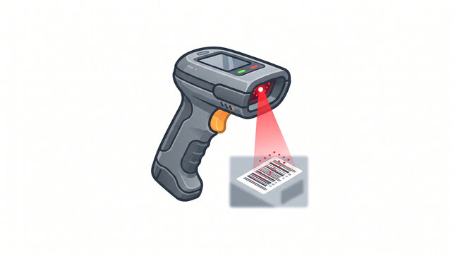 Handheld barcode scanner device scanning a product label on a shipping box package with a red laser beam for logistics and inventory management